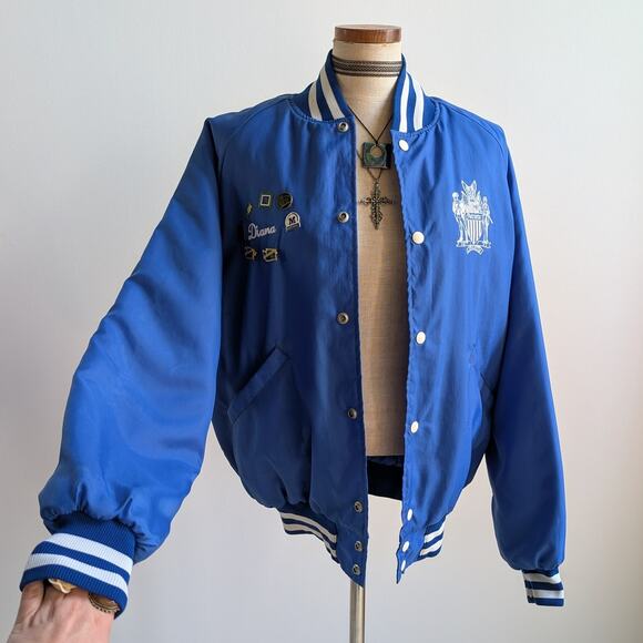 Vintage Blue Varsity Bomber Jacket Preppy Liberty Drill Team Sporty Coat Medium - Picture 10 of 16